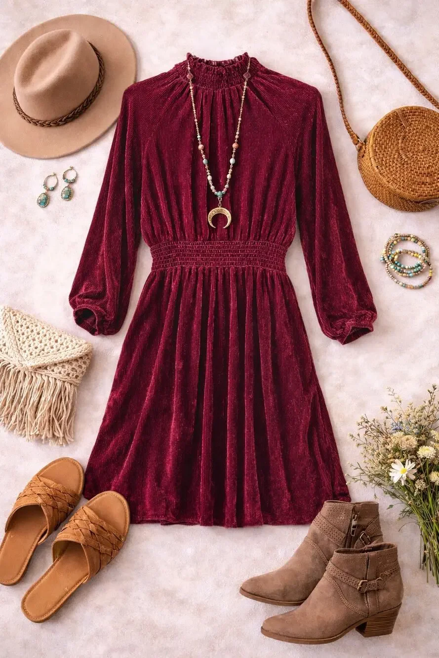 Bella Dahl Velvet Dress Silk Blend Burnt Orange Smocked Waist Boho XS - Picture 1 of 6